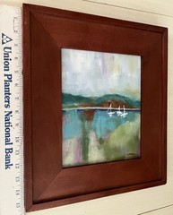 ORIGINAL Abstract Modern SIGNED Lakeshore/Seascape Sailboats FRAMED Aqua/Lime