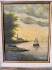 Antique Signed Oil Painting Sailboat Harbor Landscape Ornate Frame