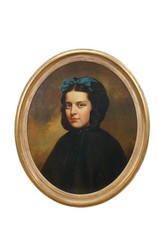 J Paul Stevens Girl in Cloak Oval Portrait Oil Painting on Board 28″