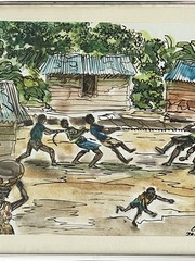 2 Vintage Jamaican Folk Art Watercolor Village Life Games Signed Canute Davis