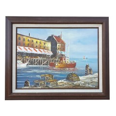 Fishing Boats Dock Harbor Oil Painting Framed Signed Brian Roche New England Vtg
