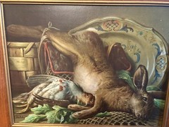Antique Framed Hungarian Partridge Game Bird & Rabbit Still Life Picture Signed