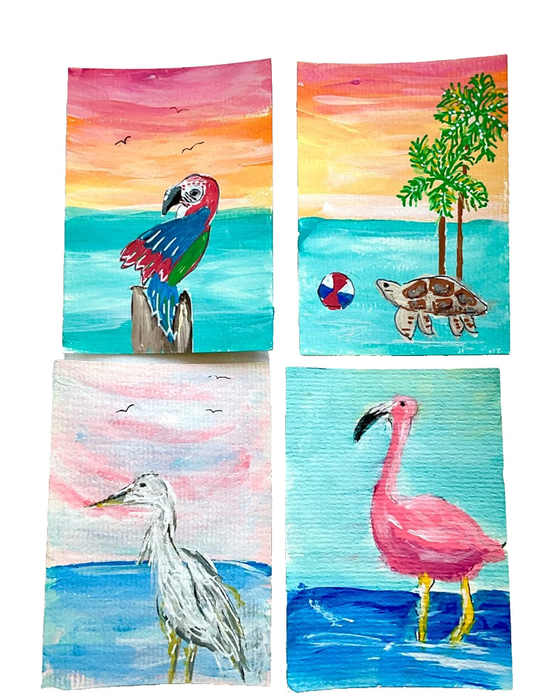 ACEO Original sea landscape parrot turtle bird bundle bulk 4 piece ATC OOAK