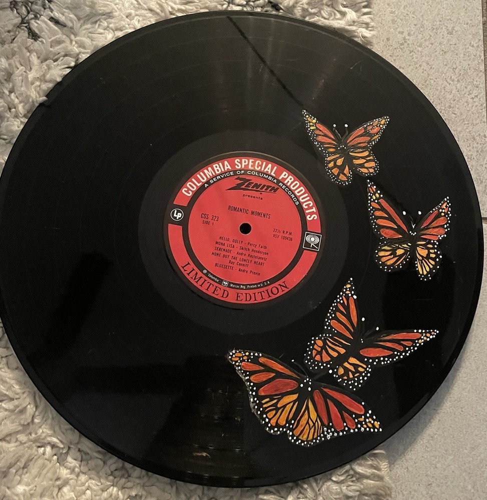 Record Album Collection Piece Art Canvas Monarch Butterflies Hand painted Vinyl