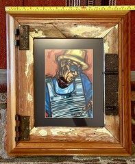 Shaun Aleman Original Watercolor in Reclaimed Wood Frame 22x19x3.5, “Rubbin’”