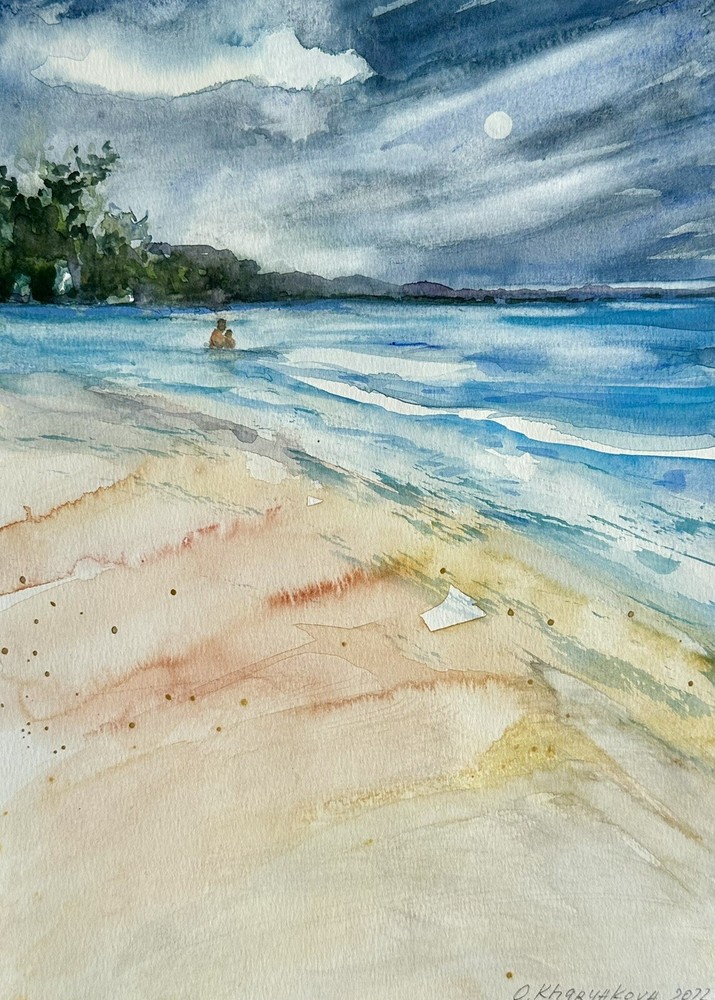 Relaxing on the beach swimming in the sea Original watercolor seascape Beach