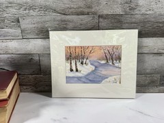 Signed 2021 Original Watercolor Winter Birch Trees Snowy Creek Matted 8×10