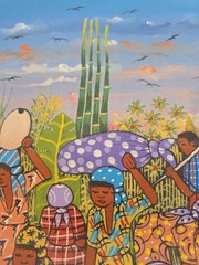 Signed Don Sanche Haitian Market Village Island Painting Folk Art 21×24 Canvas