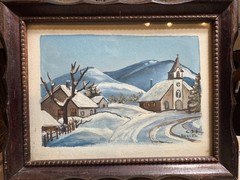 C.S.S. Signed Dec 1952 Gouache Watercolor Winter Church Landscape Framed 9.5×7.5