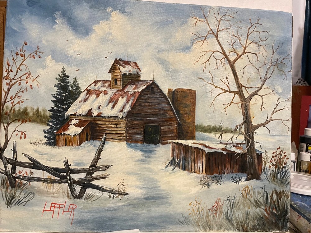 16 x 20 Original Oil Painting on Canvas…….“Winter Barn with Silo“