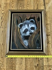 Vintage Folk Art Raccoon Animal Wild Life Nature Signed Framed Oil Painting 25”
