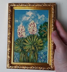 Framed Texas Landscape Yuccas Bluebonnets Art 4×6” Impasto Oil Painting Original