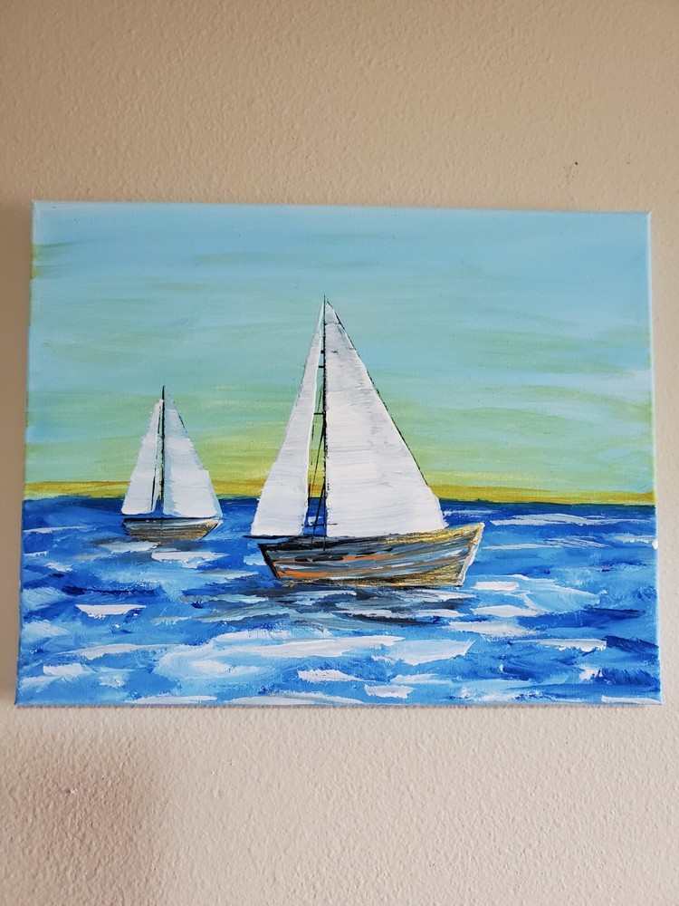 Handmade Painting Acrylic Wooden Frame 11×14 in Art Decor Sailboat Boat Water
