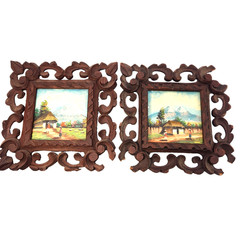 ECUADORIAN FOLK ART OIL on PLASTIC VINTAGE PAIR LANDSCAPE Handmade Frames 8″ Sq