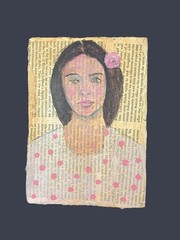 Acrylic Portrait Painting Pink Rose Original 5×7 Woman Book Page Collage Art