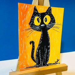 Black Cat ACEO Original Watercolor Painting Halloween Cute Folk Art Mini OOAK