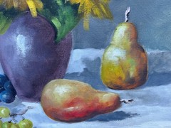 STILL LIFE OIL PAINTING PAUL A. ILLEGIBLE SUNFLOWERS FRUITS WINE GLASS 20TH C.