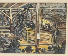 Wpa Style 1940S Original Watercolor Painting Livestock Auction By A. Campbell