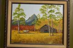 Vintage Art Painting Original Barn Wagon Fall Color Poplar Mountains Joshua Tree