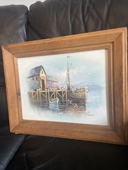 Original John Luini Oil Painting of Boats at Dock 20” X 15” Framed
