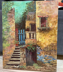 VNTG Original Oil Canvas Painting Signed 1979 Unframed Stone Brick House 16×20″