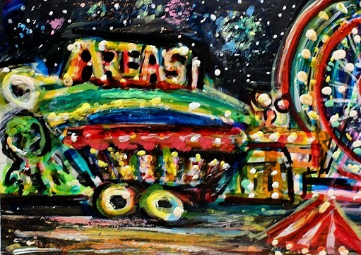ORIGINAL ACEO Painting CARNIVAL Fair Amusement Park Ocean City Rides Fun ATC ART