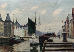 Einar Gross (1895-1960): BOATS IN CITY CANAL, original oil painting