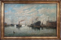D. Moretti ( Italian 1900- ) Original Oil Painting Harbor Scene Signed