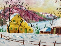 Vintage 1965 Primitive Grandma Moses Style winter oil painting by L Doucette