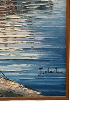 Signed Canvas Painting By J. Martin Featuring Sailboats In A Harbor Docked Pier