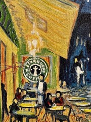 Original Hand-Painted Café Street Scene on Canvas, Signed M. Griesgraber, 2004