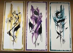 Set of 3 Abstract Ink Flower Paintings on Paper, Yellow Purple Blue, Signed