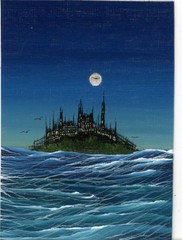 ACEO Original Acrylic Halloween Gothic Castle Full Moon Collectible Art HYMES