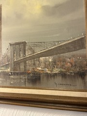 World Trade Center Towers Brooklyn Bridge signed Giacomo, Oil Canvas Wood VTG