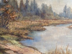 Oil painting undetermined sign. River landscape with trees under cloudy sky