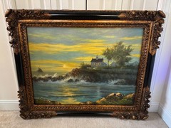 50×40″ Ornate Baroque Giltwood & Black Enamel Frame w/Oil on Canvas Painting
