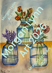Morgan Lynn Signed Floral Still Life Painting Print, Flowers in Jars, Original