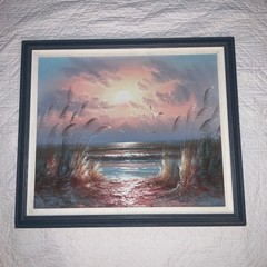 Impressionist oil painting Sunset coast ocean seascape original pinks signed