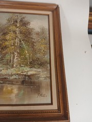 T. Azeen Signed original Oil On Canvas Framed 30″x27″ landscape house on stream