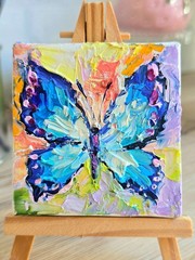 Butterfly Blue Oil Painting 7x7cm Summer Painting on Canvas with Easel