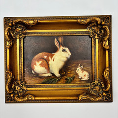 Vintage Oil Painting Mother Baby Rabbit Bunny Pair Ornate Gold Frame Wall Art
