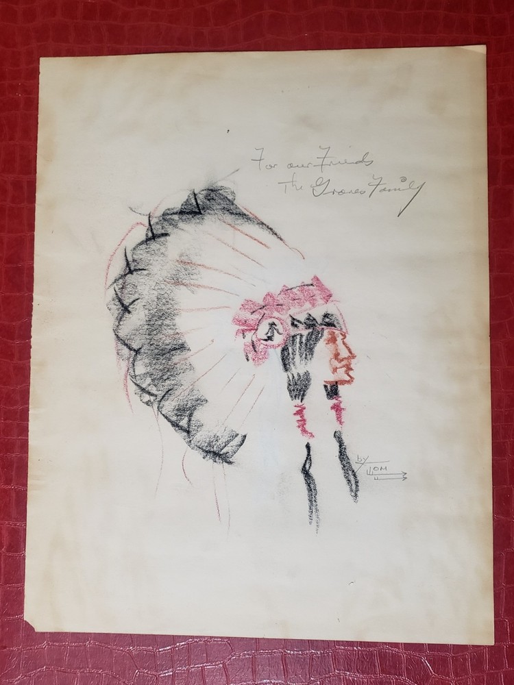 Original Fine Art Charcoal Native American Indian Chief Drawing Tom Two Arrows