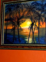 Lake Landscape Sunset Reflections Sea shore Palm Trees by Water Oil Painting