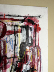 Abstract Canvas Painting 20″x16″ (Burgundy Red with Yellow, Blue & Black)