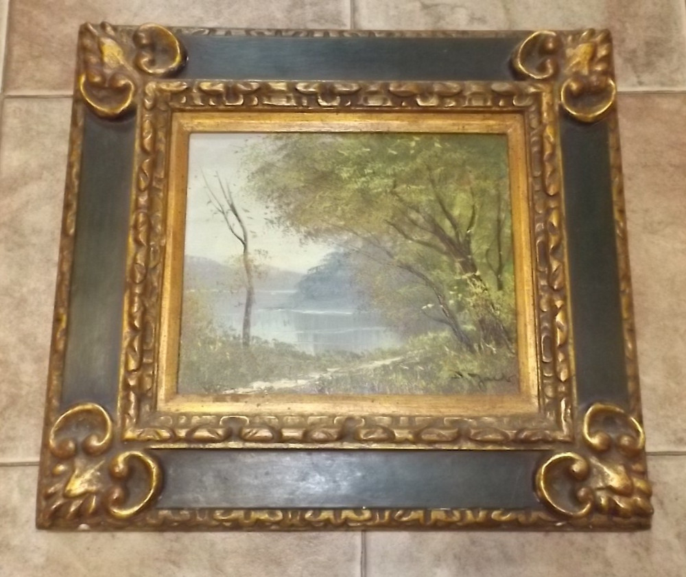 Landscape Fall Oil Painting in a Green with Gilded Gold Ornate Wood Frame