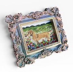 Golden Retriever in Red Poppy Landscape mini watercolor print in ornate frame