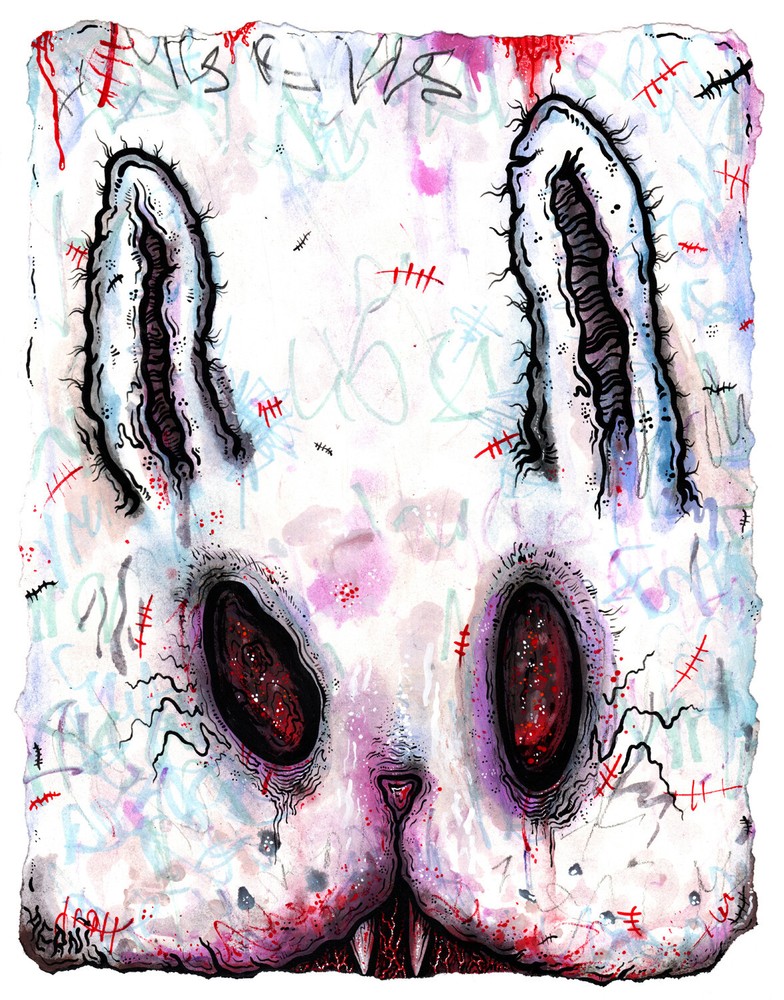 Original HAPPY GRAVE year 2023 mixed media Painting art „RABBIT TROPHY HEAD“