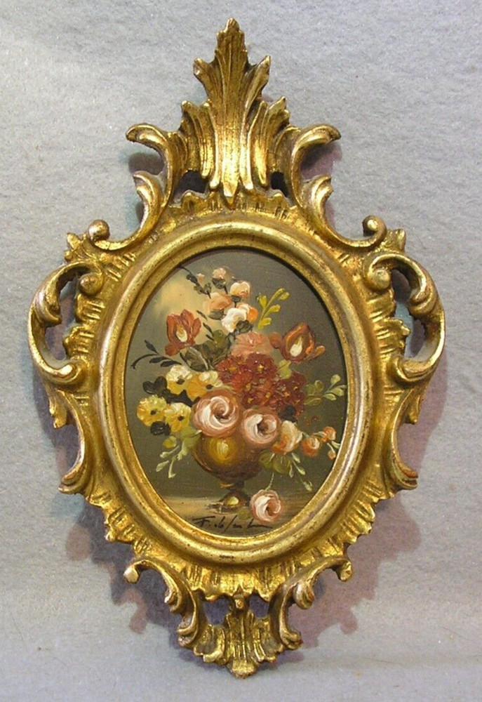 Miniature Original Oil Painting Art Still Life Oval Goldwashed Wooden Frame