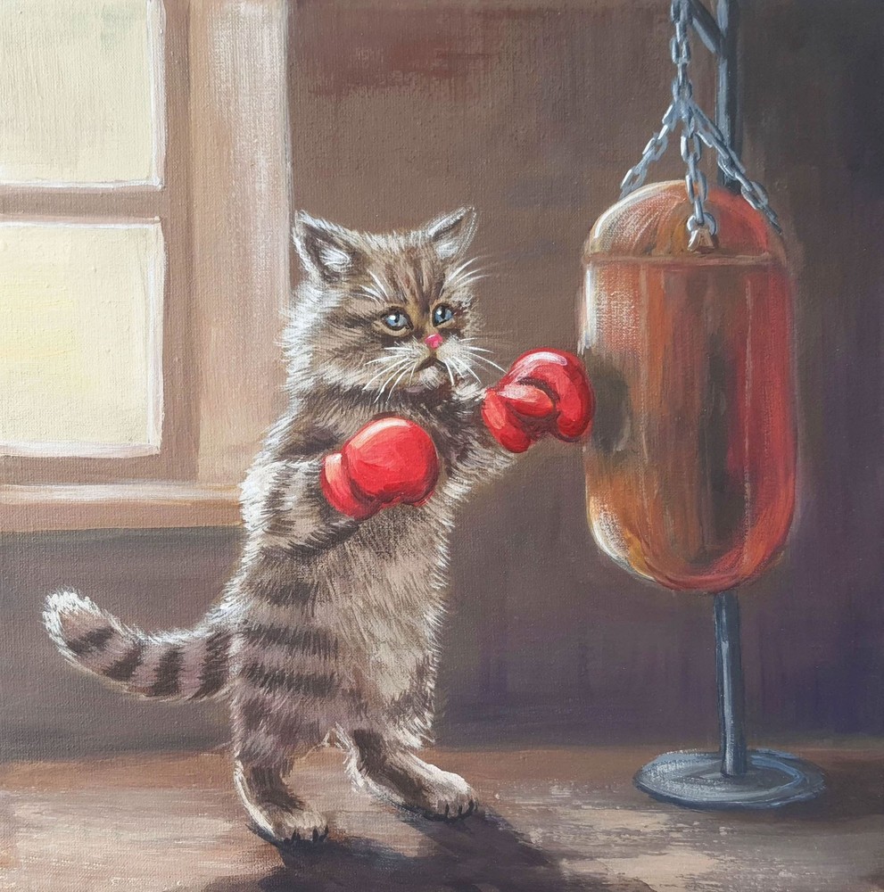Hand-Painted Oil Painting Boxing Cat Punching Bag Canvas Wall Art MQ1766