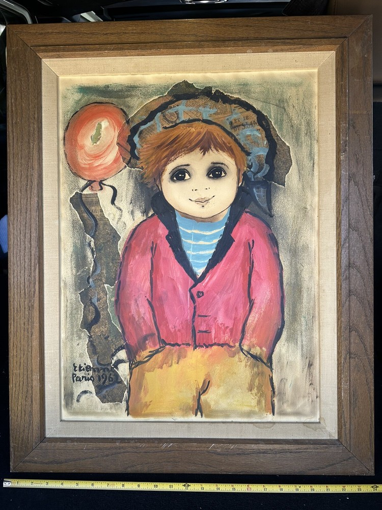 Boy with Red Balloon mixed media painting by Roger Etienne 1962